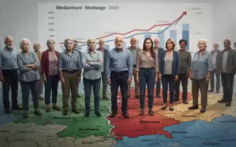 Eine vielfältige Gruppe von Menschen steht auf einer Deutschlandkarte, die eine Lohnkluft zwischen Stadt und Land symbolisiert. - Foto: über boerse-global.de