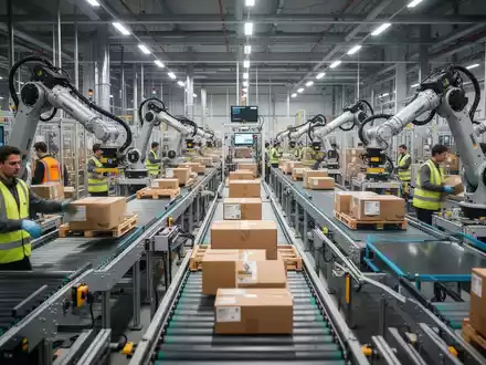 Ein modernes, automatisiertes Amazon-Logistikzentrum in Deutschland mit Arbeitern, Förderbändern und Roboterarmen beim Sortieren von Paketen. - Foto: über boerse-global.de
