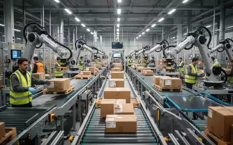 Ein modernes, automatisiertes Amazon-Logistikzentrum in Deutschland mit Arbeitern, Förderbändern und Roboterarmen beim Sortieren von Paketen. - Foto: über boerse-global.de