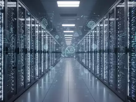 Ein riesiges, futuristisches Rechenzentrum mit beleuchteten Serverracks, das die immense Rechenleistung für fortschrittliche KI-Infrastruktur symbolisiert. - Foto: über boerse-global.de