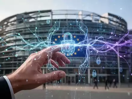 Eine menschliche Hand interagiert mit einer holografischen Schnittstelle, die KI-Datenmuster zeigt, im Hintergrund das verschwommene Europäische Parlament. - Foto: über boerse-global.de