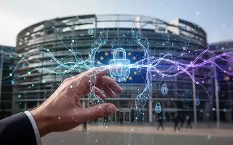 Eine menschliche Hand interagiert mit einer holografischen Schnittstelle, die KI-Datenmuster zeigt, im Hintergrund das verschwommene Europäische Parlament. - Foto: über boerse-global.de
