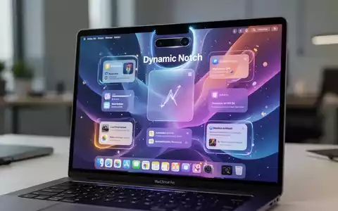 Nahaufnahme eines MacBook Pro-Bildschirms mit dynamischer Notch, die interaktive Widgets und Live-Aktivitäten um die Kameraaussparung anzeigt. - Foto: über boerse-global.de