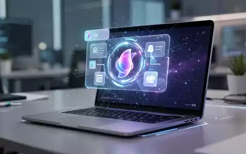 Nahaufnahme eines Laptop-Bildschirms mit futuristischem, leuchtendem Siri-KI-Popover-Interface und Textbearbeitungsoptionen. - Foto: über boerse-global.de