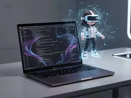 Schlankes MacBook Pro auf futuristischem Schreibtisch, zeigt Code mit holografischem VRChat-Avatar darüber. - Foto: über boerse-global.de
