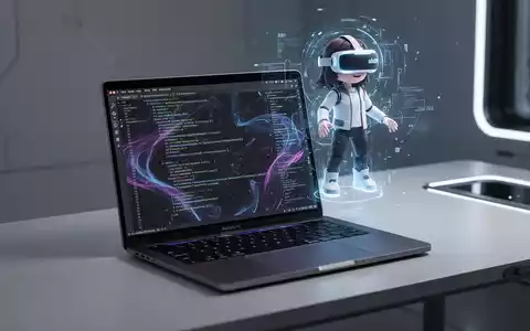 Schlankes MacBook Pro auf futuristischem Schreibtisch, zeigt Code mit holografischem VRChat-Avatar darüber. - Foto: über boerse-global.de