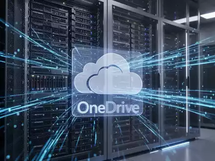 Ein Serverrack mit leuchtend blauen Datenströmen, die Datenmigration und technologische Updates symbolisieren. Ein dezentes, durchscheinendes Microsoft OneDrive-Logo. - Foto: über boerse-global.de
