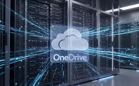 Ein Serverrack mit leuchtend blauen Datenströmen, die Datenmigration und technologische Updates symbolisieren. Ein dezentes, durchscheinendes Microsoft OneDrive-Logo. - Foto: über boerse-global.de