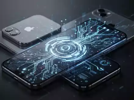 Modernes Smartphone mit leuchtender, futuristischer Benutzeroberfläche, überlagert von abstrakten Datenflüssen, im Hintergrund spiegelt sich ein älteres iPhone. - Foto: über boerse-global.de