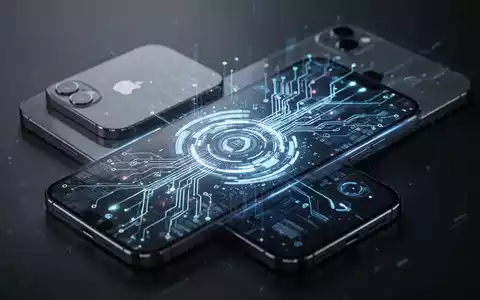 Modernes Smartphone mit leuchtender, futuristischer Benutzeroberfläche, überlagert von abstrakten Datenflüssen, im Hintergrund spiegelt sich ein älteres iPhone. - Foto: über boerse-global.de