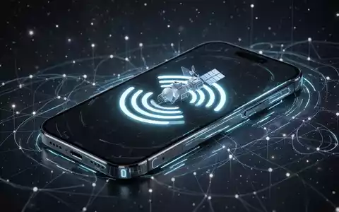 Nahaufnahme eines futuristischen iPhones mit starkem Signal und Satellitenverbindung, verschwommener Sternenhimmel im Hintergrund. - Foto: über boerse-global.de