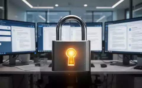 Digitales Vorhängeschloss mit leuchtendem Schlüsselloch über verschwommenem modernen Büro mit Bildschirmen, symbolisiert Vendor-Lock-in. - Foto: über boerse-global.de