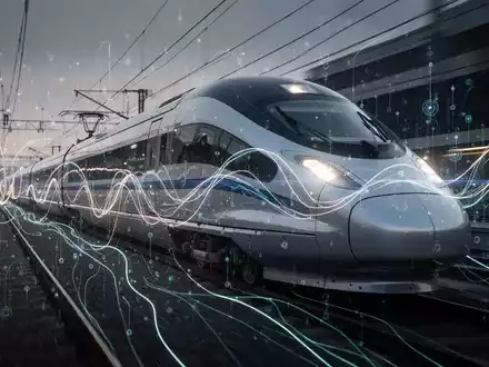Ein moderner Hochgeschwindigkeitszug auf den Gleisen mit angedeuteten Quantencomputermustern, die Fahrplanoptimierung symbolisieren. - Foto: über boerse-global.de