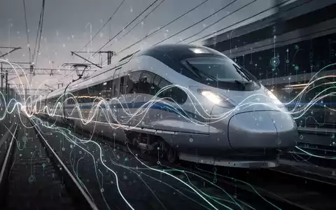 Ein moderner Hochgeschwindigkeitszug auf den Gleisen mit angedeuteten Quantencomputermustern, die Fahrplanoptimierung symbolisieren. - Foto: über boerse-global.de
