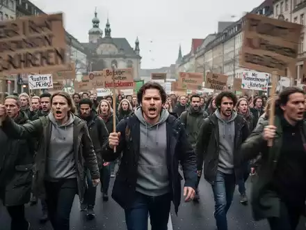 Demonstranten marschieren mit Schildern durch eine deutsche Stadt, um gegen Sozialkürzungen zu protestieren. Fokus auf Gesichter. - Foto: über boerse-global.de