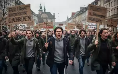 Demonstranten marschieren mit Schildern durch eine deutsche Stadt, um gegen Sozialkürzungen zu protestieren. Fokus auf Gesichter. - Foto: über boerse-global.de