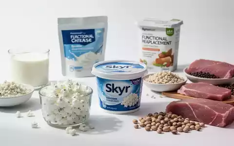 Eine Nahaufnahme von proteinreichen Lebensmitteln wie Skyr, Hüttenkäse und einer Flüssigmahlzeit, ansprechend auf einem Tisch arrangiert. - Foto: über boerse-global.de