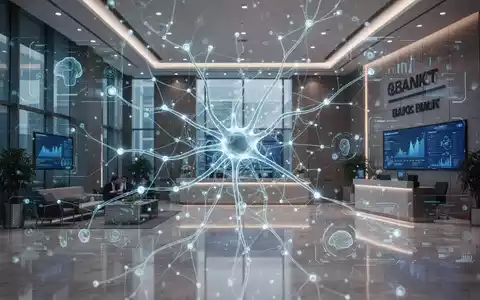 Leuchtendes, abstraktes neuronales Netzdesign überlagert modernes, minimalistisches Bankinterieur und symbolisiert KI-Integration in Bankgeschäfte. - Foto: über boerse-global.de