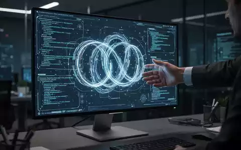 Futuristische KI-Oberfläche zeigt komplexes Systemdesign und Code-Loops auf einem Monitor, eine menschliche Hand interagiert damit. - Foto: über boerse-global.de