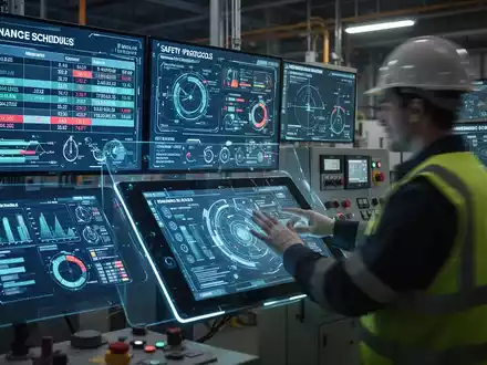 Ein Mitarbeiter in Schutzkleidung vor Bildschirmen mit Wartungsplänen und Sicherheitsdaten in einer modernen Industrieanlage. - Foto: über boerse-global.de