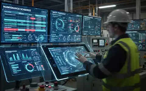 Ein Mitarbeiter in Schutzkleidung vor Bildschirmen mit Wartungsplänen und Sicherheitsdaten in einer modernen Industrieanlage. - Foto: über boerse-global.de