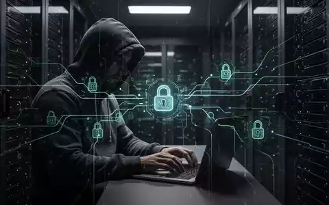 Eine Person im Kapuzenpulli tippt an einem Laptop in einem dunklen Serverraum mit digitalen Symbolen für Cybersicherheit und Datenschutz. - Foto: über boerse-global.de