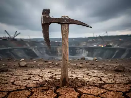 Eine verwitterte Bergbau-Spitzhacke steckt in trockener, rissiger Erde unter einem dramatischen Himmel, mit verschwommener Mine im Hintergrund. - Foto: über boerse-global.de