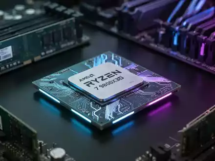 Nahaufnahme eines AMD Ryzen 7 9800X3D-Prozessors, umgeben von unscharfem RAM und Mainboard, mit blau-violetter Beleuchtung. - Foto: über boerse-global.de