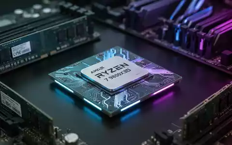 Nahaufnahme eines AMD Ryzen 7 9800X3D-Prozessors, umgeben von unscharfem RAM und Mainboard, mit blau-violetter Beleuchtung. - Foto: über boerse-global.de