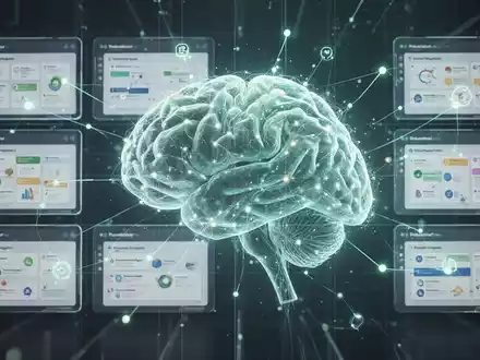 Leuchtendes, abstraktes neuronales Netzwerk über einem digitalen Raster verbundener Projektmanagement-Aufgaben, symbolisiert KI-gesteuerte Zusammenarbeit. - Foto: über boerse-global.de