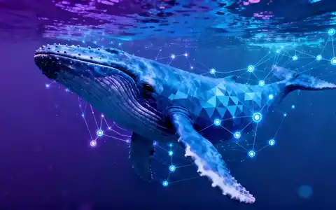 Ein majestätischer Blauwal schwimmt durch einen digitalen Ozean mit leuchtenden Blockchain-Knoten und Datenströmen. - Foto: über boerse-global.de