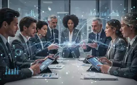 Eine Gruppe von Menschen interagiert in einem modernen Büro mit digitalen Overlays, die Vernetzung und Effizienz symbolisieren. - Foto: über boerse-global.de