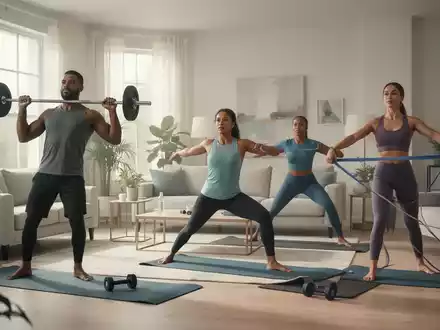 Eine vielfältige Gruppe von Menschen trainiert zu Hause, hebt Gewichte, macht Yoga und verwendet Widerstandsbänder in einem hellen Wohnzimmer. - Foto: über boerse-global.de