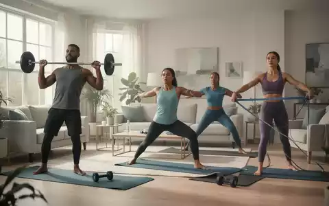 Eine vielfältige Gruppe von Menschen trainiert zu Hause, hebt Gewichte, macht Yoga und verwendet Widerstandsbänder in einem hellen Wohnzimmer. - Foto: über boerse-global.de