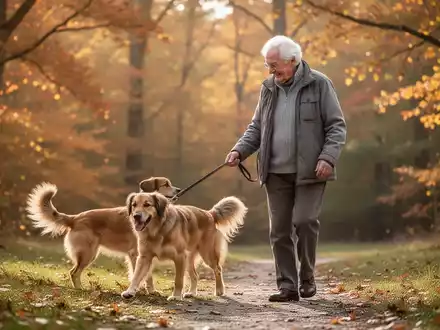 Älterer Mensch mit Hund bei einem Spaziergang im Freien, symbolisiert Fitness und tierische Begleiter im Alter. - Foto: über boerse-global.de