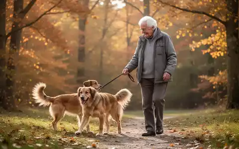 Älterer Mensch mit Hund bei einem Spaziergang im Freien, symbolisiert Fitness und tierische Begleiter im Alter. - Foto: über boerse-global.de
