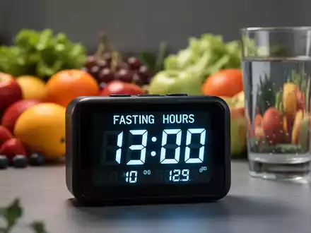 Nahaufnahme einer digitalen Uhr, die Fastenzeiten anzeigt, mit unscharfen gesunden Lebensmitteln im Hintergrund. - Foto: über boerse-global.de