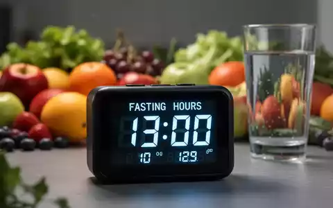 Nahaufnahme einer digitalen Uhr, die Fastenzeiten anzeigt, mit unscharfen gesunden Lebensmitteln im Hintergrund. - Foto: über boerse-global.de