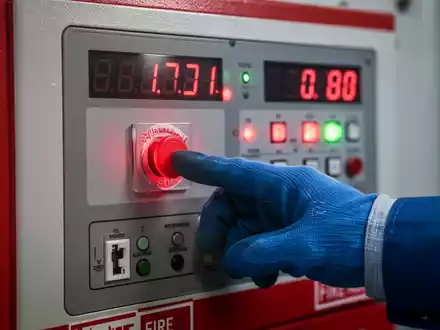 Eine Hand in einem blauen Arbeitshandschuh drückt einen roten Not-Aus-Knopf auf einem modernen Brandmeldezentrale. - Foto: über boerse-global.de