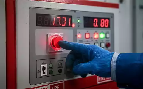Eine Hand in einem blauen Arbeitshandschuh drückt einen roten Not-Aus-Knopf auf einem modernen Brandmeldezentrale. - Foto: über boerse-global.de