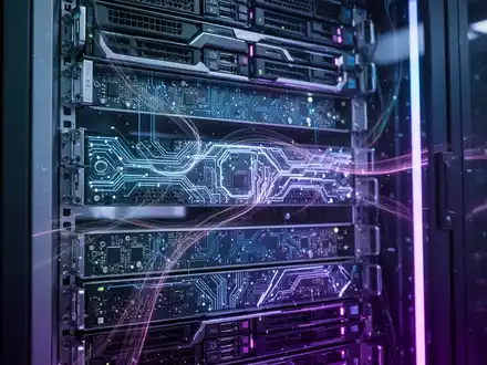 Zukunftssicherer Server-Rack mit leuchtenden Innenkomponenten und komplexer Schaltkreisstruktur, Symbol für fortschrittliche KI-Hardwareentwicklung. - Foto: über boerse-global.de