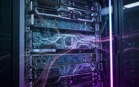Zukunftssicherer Server-Rack mit leuchtenden Innenkomponenten und komplexer Schaltkreisstruktur, Symbol für fortschrittliche KI-Hardwareentwicklung. - Foto: über boerse-global.de