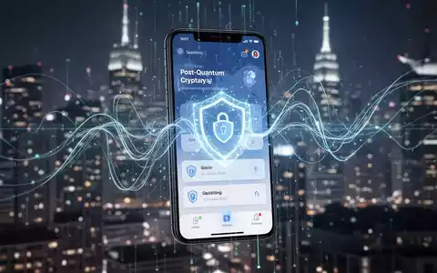 Smartphone mit sicherer Banking-App-OberflĂ€che und abstrakten leuchtenden Linien, die fortschrittliche Datensicherheit und Post-Quanten-Kryptografie symbolisieren. - Foto: ĂŒber boerse-global.de