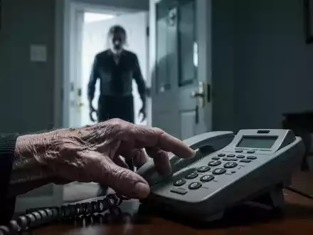 Eine ältere Hand greift zögernd nach einem klingelnden Telefon, während eine verschwommene Figur an einer Haustür steht. - Foto: über boerse-global.de