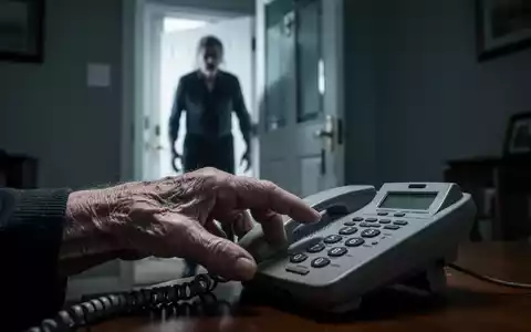 Eine ältere Hand greift zögernd nach einem klingelnden Telefon, während eine verschwommene Figur an einer Haustür steht. - Foto: über boerse-global.de