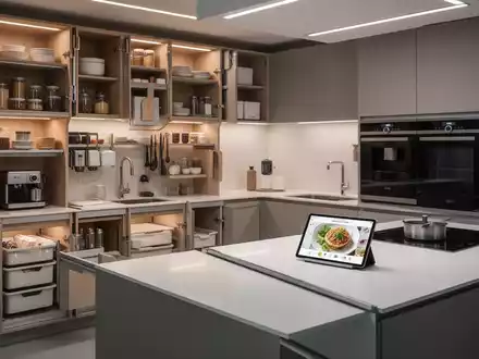 Eine aufgeräumte, moderne Küche mit minimalistischem Design, intelligenten Stauraumlösungen und einer digitalen Rezeptanzeige auf einem Tablet. - Foto: über boerse-global.de