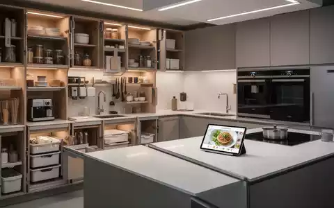 Eine aufgeräumte, moderne Küche mit minimalistischem Design, intelligenten Stauraumlösungen und einer digitalen Rezeptanzeige auf einem Tablet. - Foto: über boerse-global.de