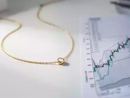 Eine filigrane goldene Halskette liegt auf einer sauberen weißen Oberfläche, daneben eine unscharfe Finanzgrafik mit Aufwärtstrend. - Foto: über boerse-global.de