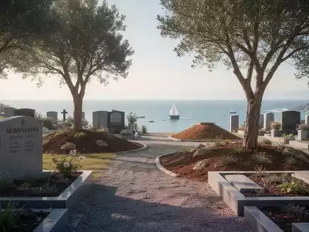 Eine friedliche Friedhofsszene mit traditionellen Grabsteinen, einem Baum für Naturbestattungen und einem Blick auf das Meer. - Foto: über boerse-global.de