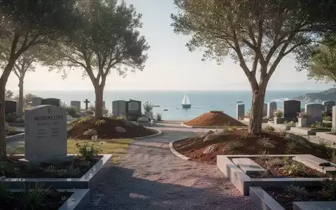 Eine friedliche Friedhofsszene mit traditionellen Grabsteinen, einem Baum für Naturbestattungen und einem Blick auf das Meer. - Foto: über boerse-global.de